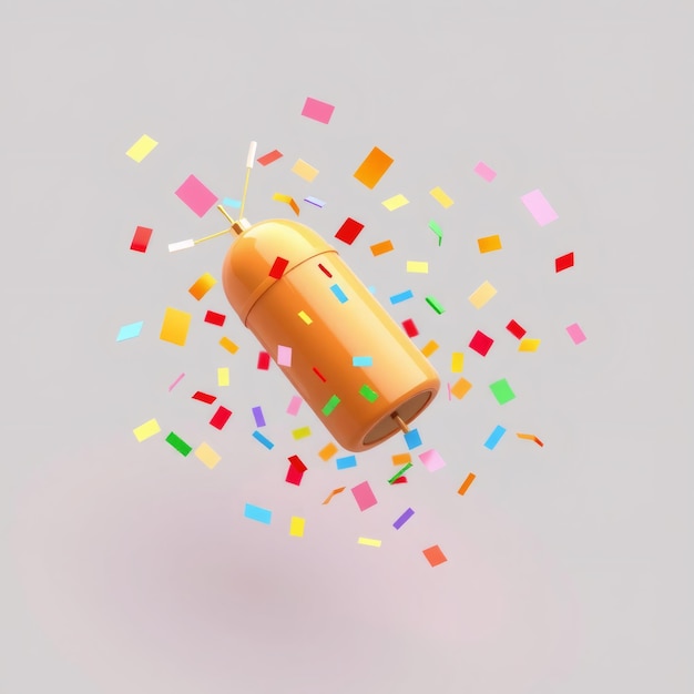 Orange party popper with confetti falling