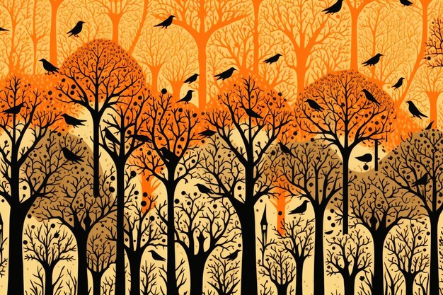 Photo orange pattern with black bats and trees