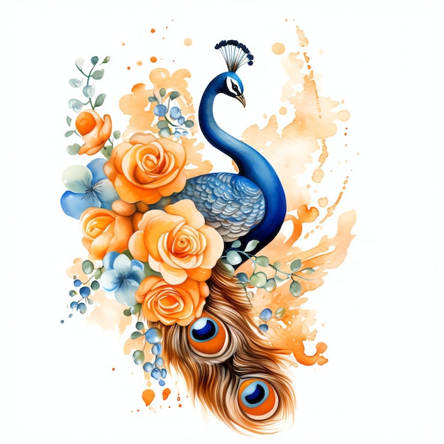 orange peacock and roses