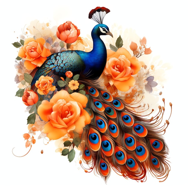 orange peacock and roses