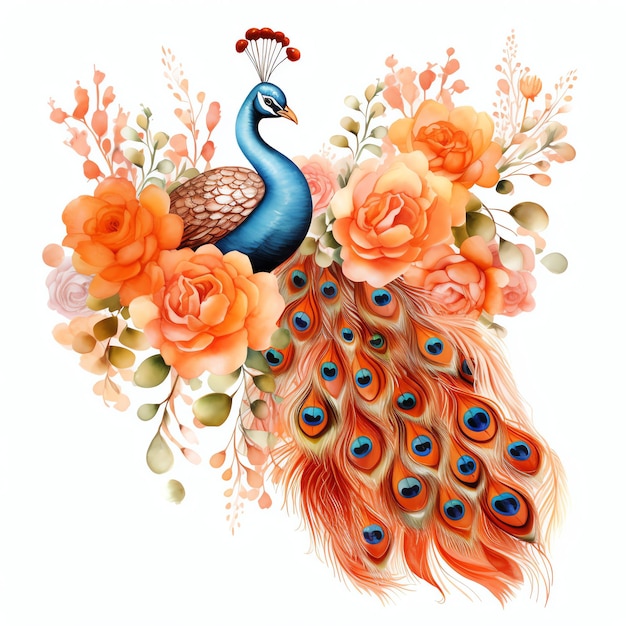 orange peacock and roses