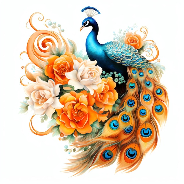 orange peacock and roses