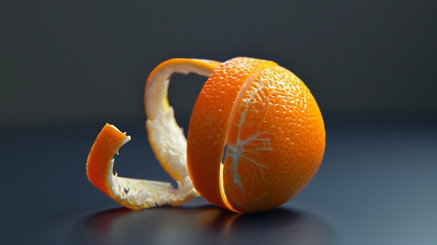 an orange peel has been peeled and has the peel removed