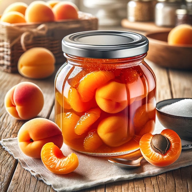 Orange pieces of apricots in syrup in a transparent glass jar on a wooden table Apricot jam