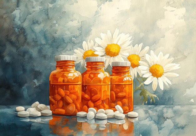 Orange Pill Bottles with Daisies in a Soft Background