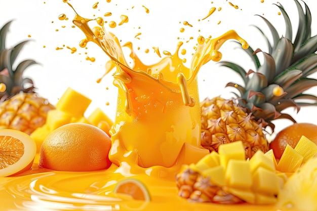 Orange pineapple mango fruit juices liquid 3D splash mix