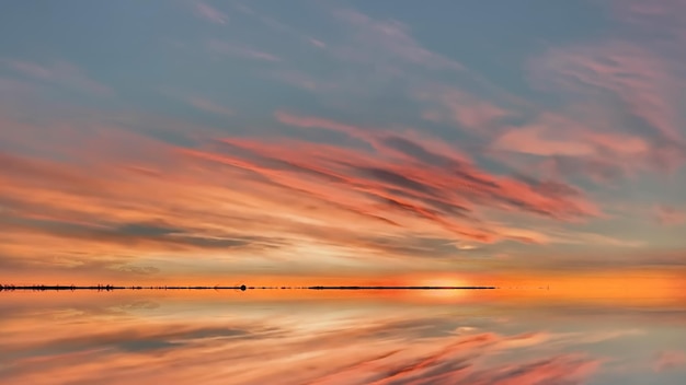 orange pink  yellow lilac cloudy  sunset at sea on evening beach sun beam  reflection