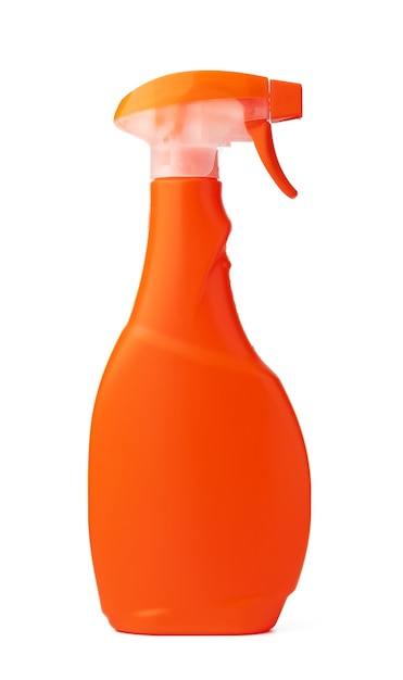 Orange plastic bottle of liquid detergent isolated on white