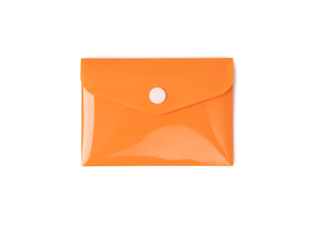 Orange plastic envelope on white background