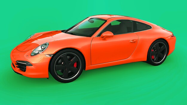 Orange Porsche 911 three-dimensional raster illustration on a green background. 3d rendering.