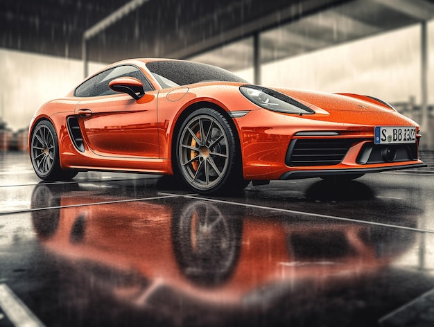 A orange porsche 911 with the license plate number 7188 on the front.