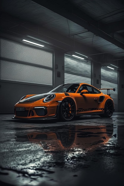 Orange porsche turbo car in a garage with a reflection of the hood.