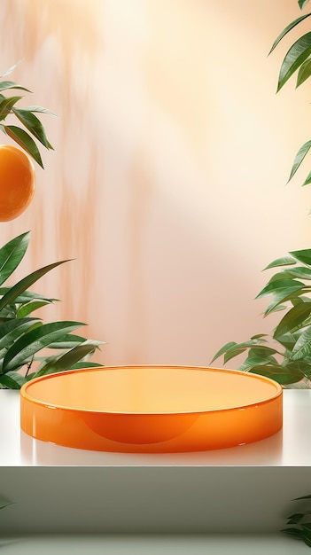 Orange product display stand background with sunlight and leaves