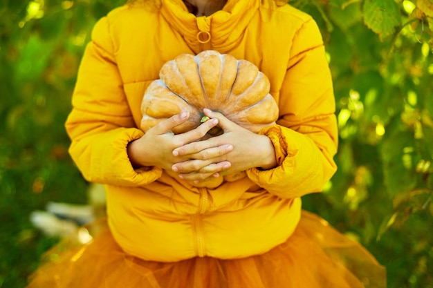 An orange pumpkin in the hands of a girl in the autumn park