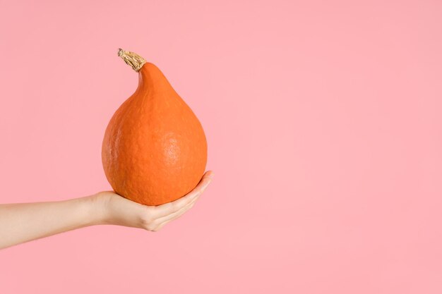 An orange pumpkin on an outstretched arm. Pink background, copyspace