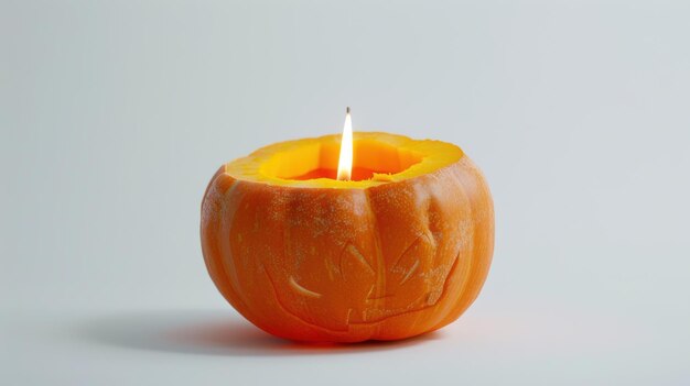 Photo orange pumpkin with burning candle celebrating halloween