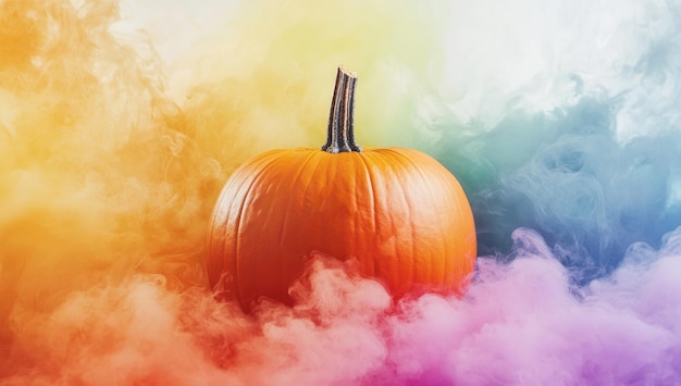 Photo orange pumpkin with vibrant rainbow smoke on light autumn halloween and thanksgiving background