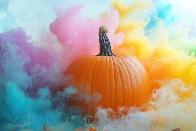 Orange Pumpkin with Vibrant Rainbow Smoke on Light Autumn Halloween and Thanksgiving Background