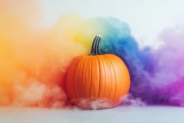 Photo orange pumpkin with vibrant rainbow smoke on light autumn halloween and thanksgiving background