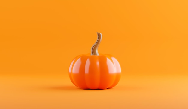 Orange pumpkin on a yellow background Autumn and Halloween decor 3d rendering