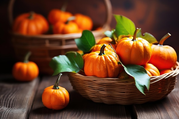 Orange pumpkins in basket with green leaves on wooden background