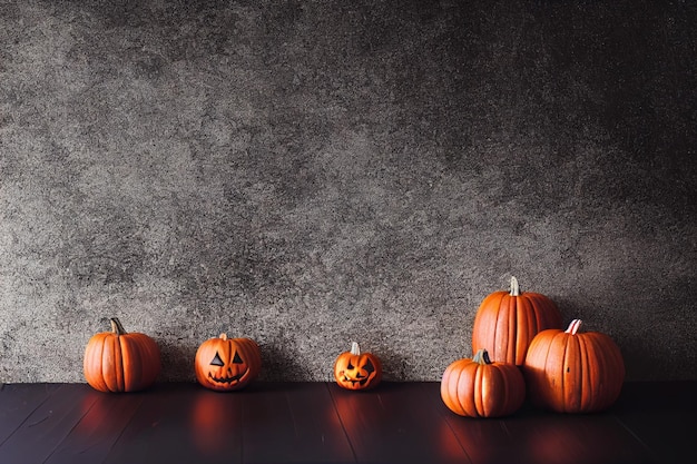 Orange pumpkins on a black floor and near a gray wall Halloween holiday pumpkins for decor