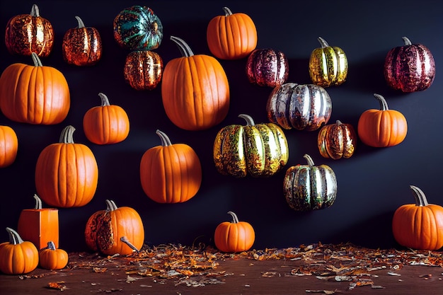 Orange pumpkins in confetti floating in the air Halloween holiday and pumpkins