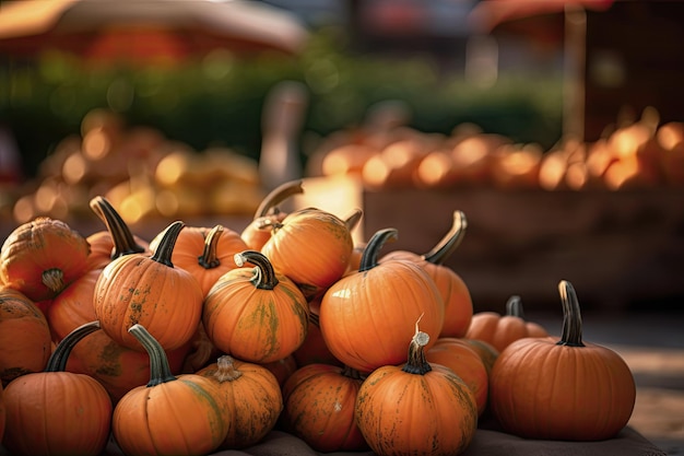 Orange pumpkins on display at the farmers market Orange ornamental pumpkins in sunlight Harvesting and Thanksgiving concept Ai generative