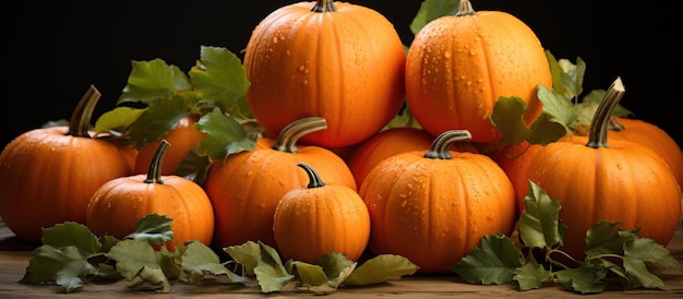 orange pumpkins and fall leaves for Fall background