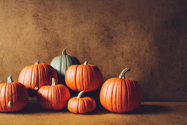 Orange pumpkins on the floor Halloween holiday and decor for it Large pumpkins by the wall