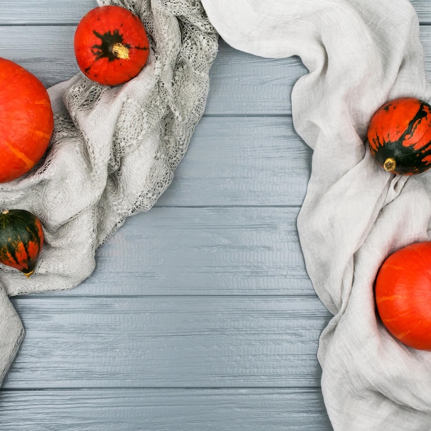 Orange pumpkins on a gray background Place for an inscription View from above