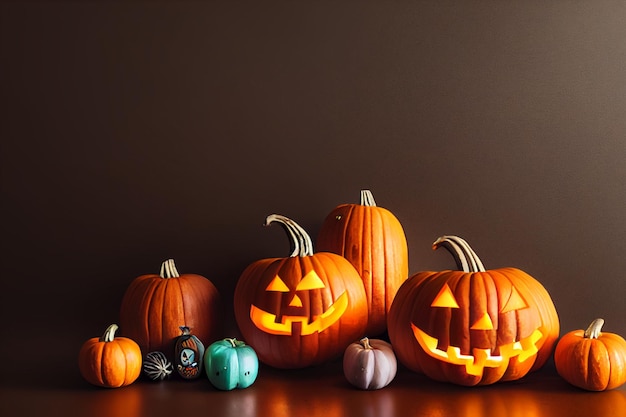 Orange pumpkins for the Halloween holiday Carved faces with glow in pumpkins