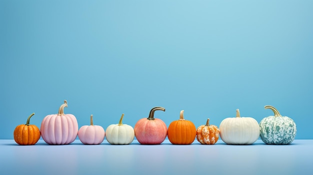 Orange pumpkins isolated on light blue background Generative AI