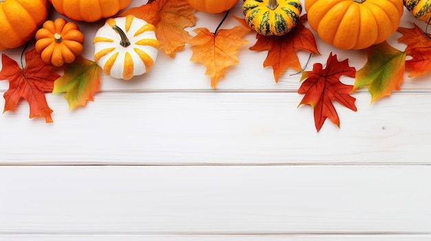 Orange pumpkins with dry leaves on white wooden background