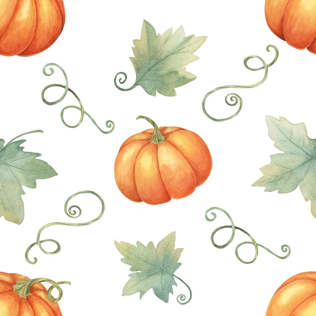 Photo orange pumpkins with green leaves and vines clipart watercolor seamless pattern perfect for autumnthemed wrapping paper fabric design