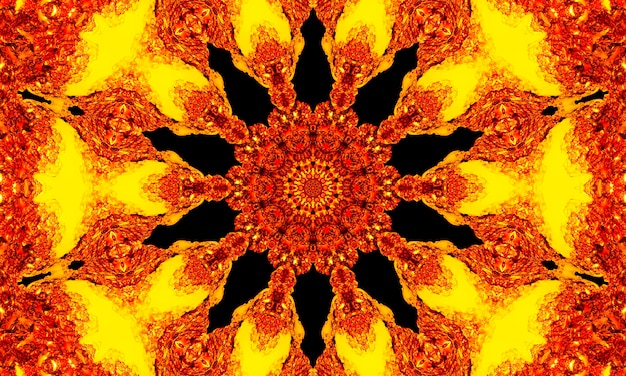 Orange rays stars on black retro textured pattern 70s. Abstract unique kaleidoscope background. Beautiful kaleidoscope seamless pattern. Seamless kaleidoscope texture