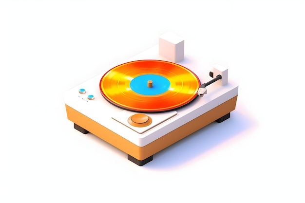 An orange record player with a blue circle on the front.