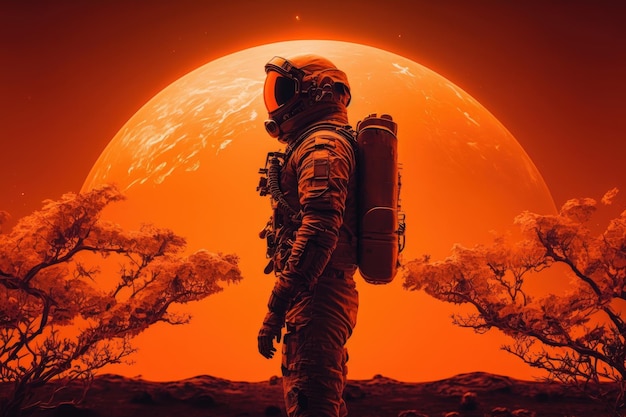 Orange red colored picture Cosmonaut in space suit Beautiful illustration Generative AI