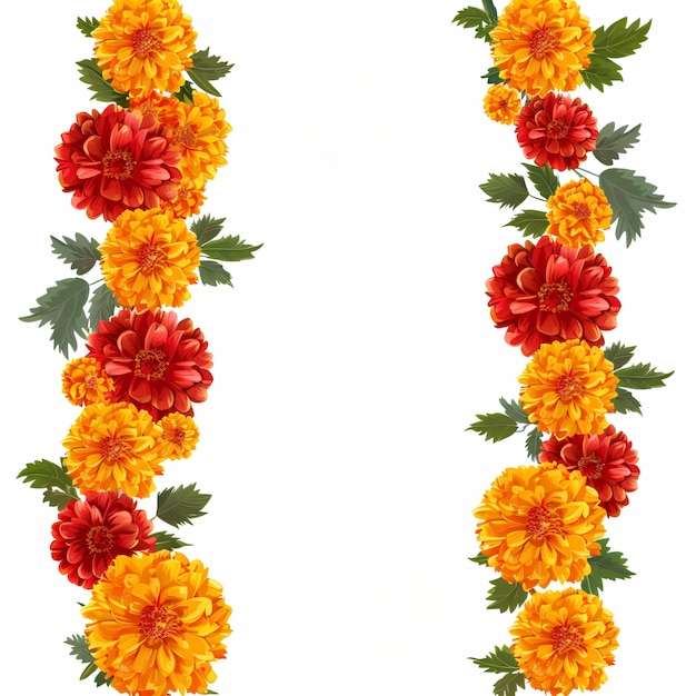 Orange and red marigold flowers isolated on white background Toran Indian traditional decoration