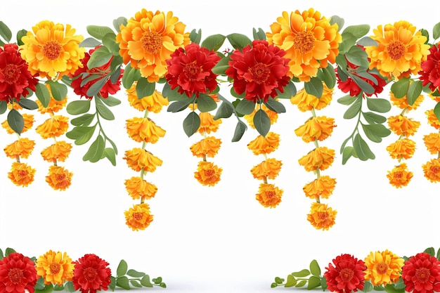 Orange and red marigold flowers isolated on white background Toran Indian traditional decoration