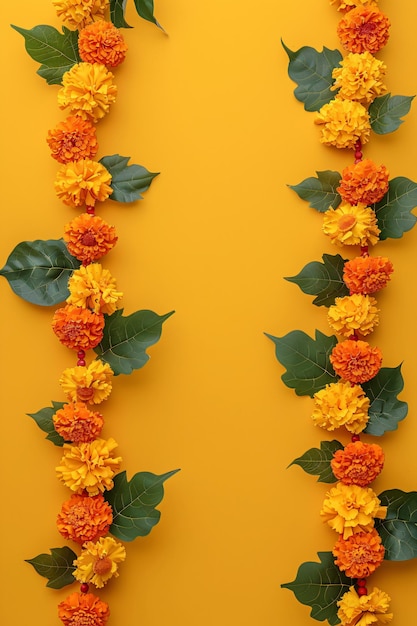 Orange and red marigold flowers on pastel yellow background Toran Indian traditional decoration