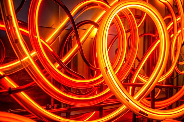 Photo orange and red neon lights glowing in the dark with straight and curved lines energy and heat