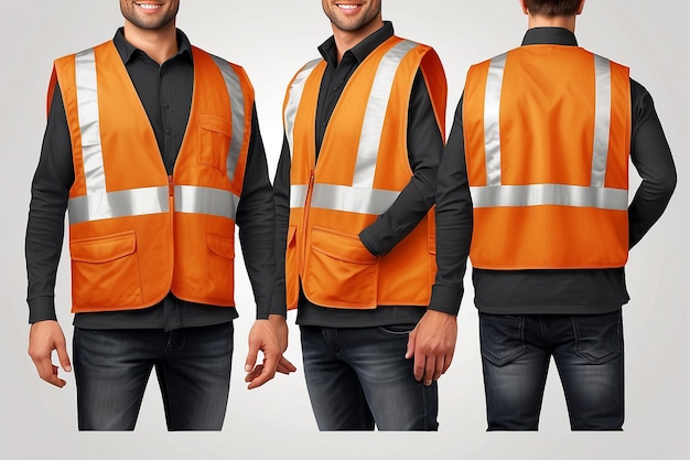 Photo orange reflective safety vest for people isolated vector front and back for promotion