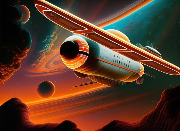 Orange retro spaceship between planets in outer space