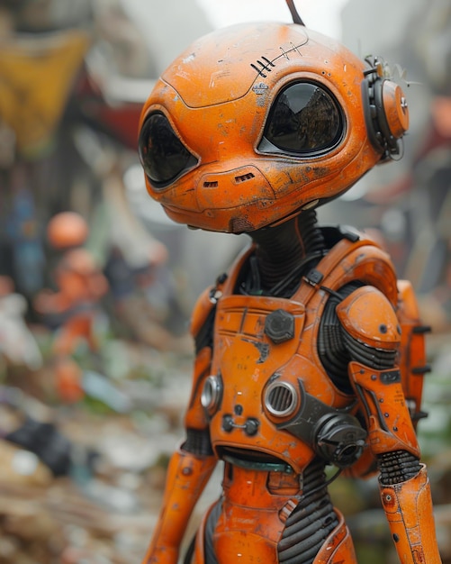 An orange robot stands on the rubble of an unfinished building