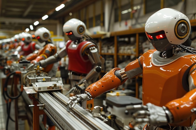 Photo orange robots in industrial assembly line work