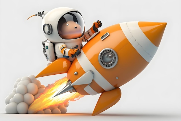 An orange rocket with a cartoon astronaut riding it.