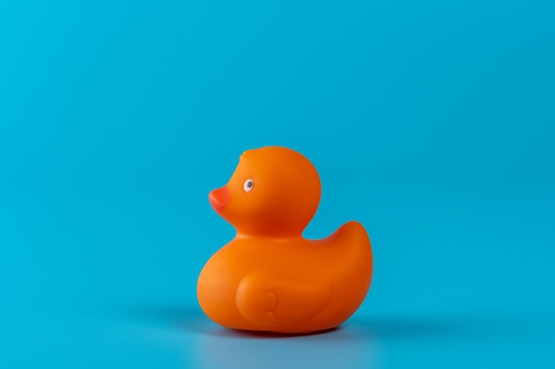 Orange rubber duck on blue background.