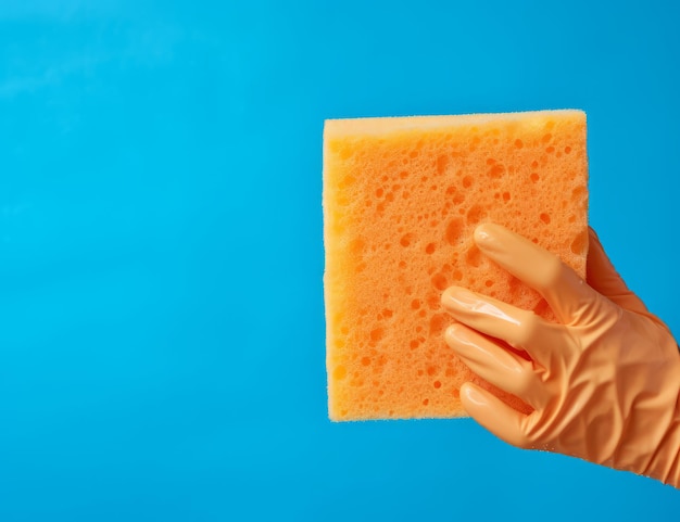 orange rubber glove hand washing with sponge on blue background