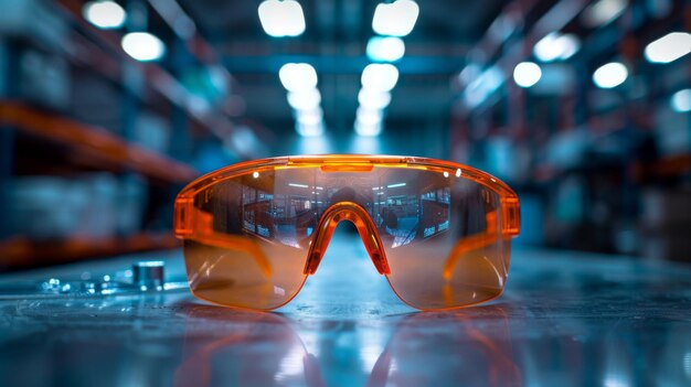 Orange safety goggles rest on a reflective metallic surface in a welllit industrial warehouse